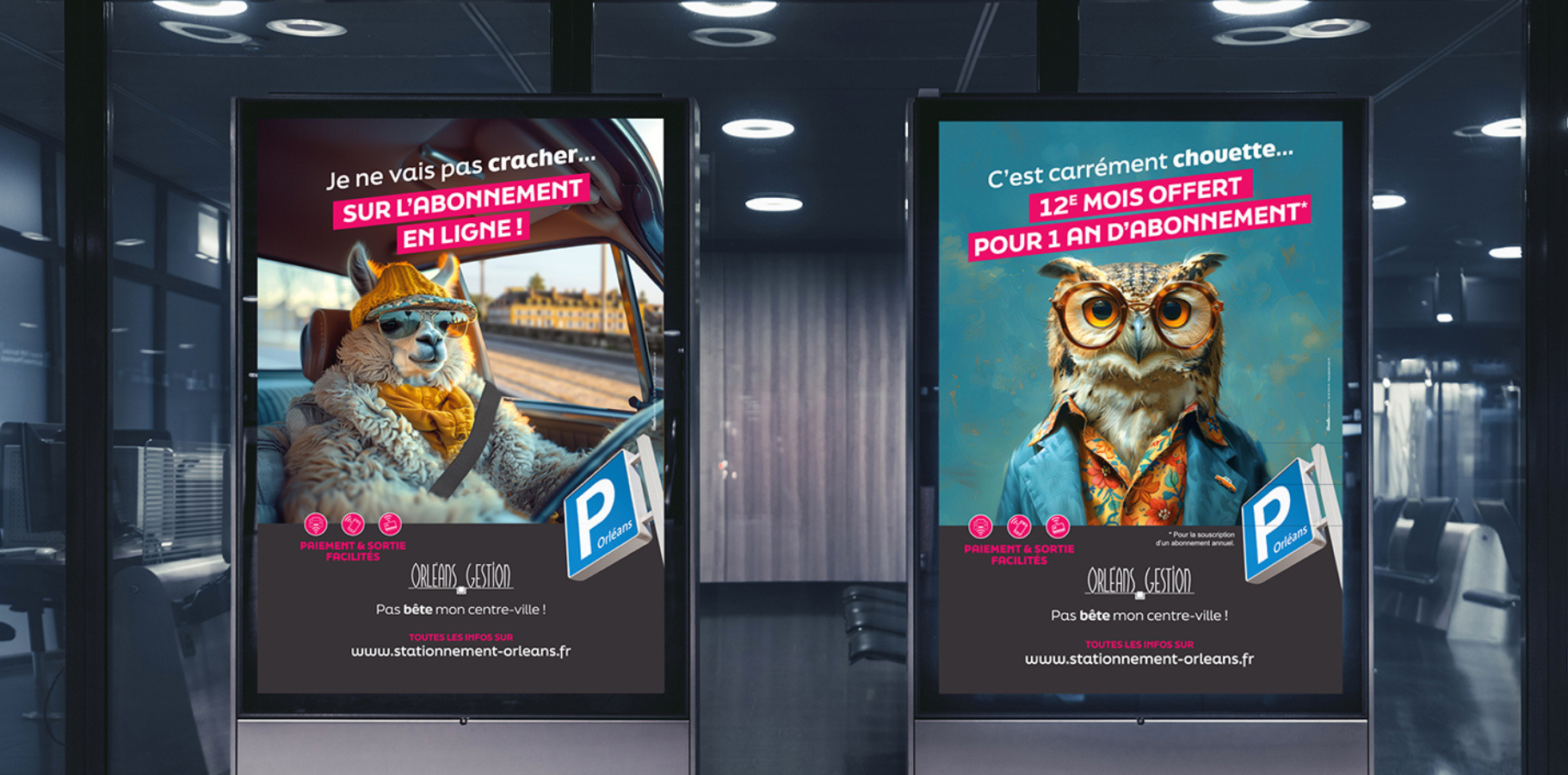 MUPI lama et hiboux Orléans parcs de stationnement